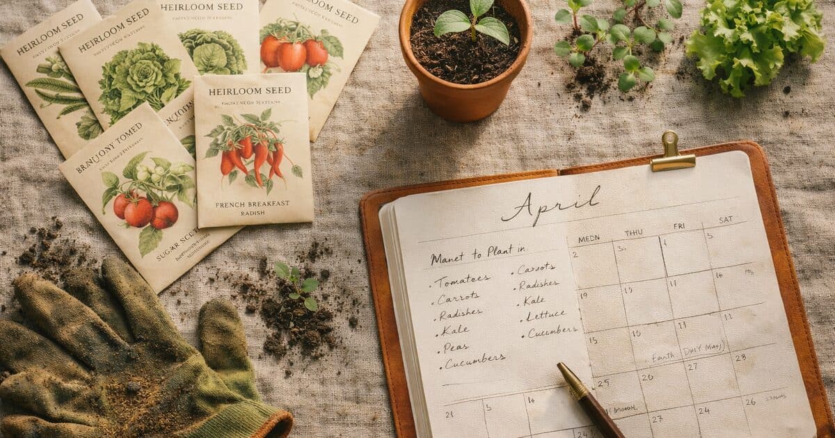 Flat lay of heirloom seed packets, a terracotta pot with a seedling, and a planting calendar open to April