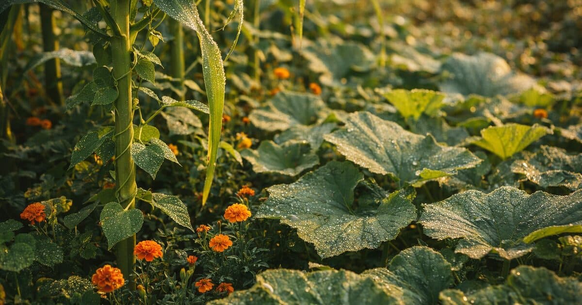 Overhead view of companion-planted garden bed with corn, beans, squash, and marigolds growing together