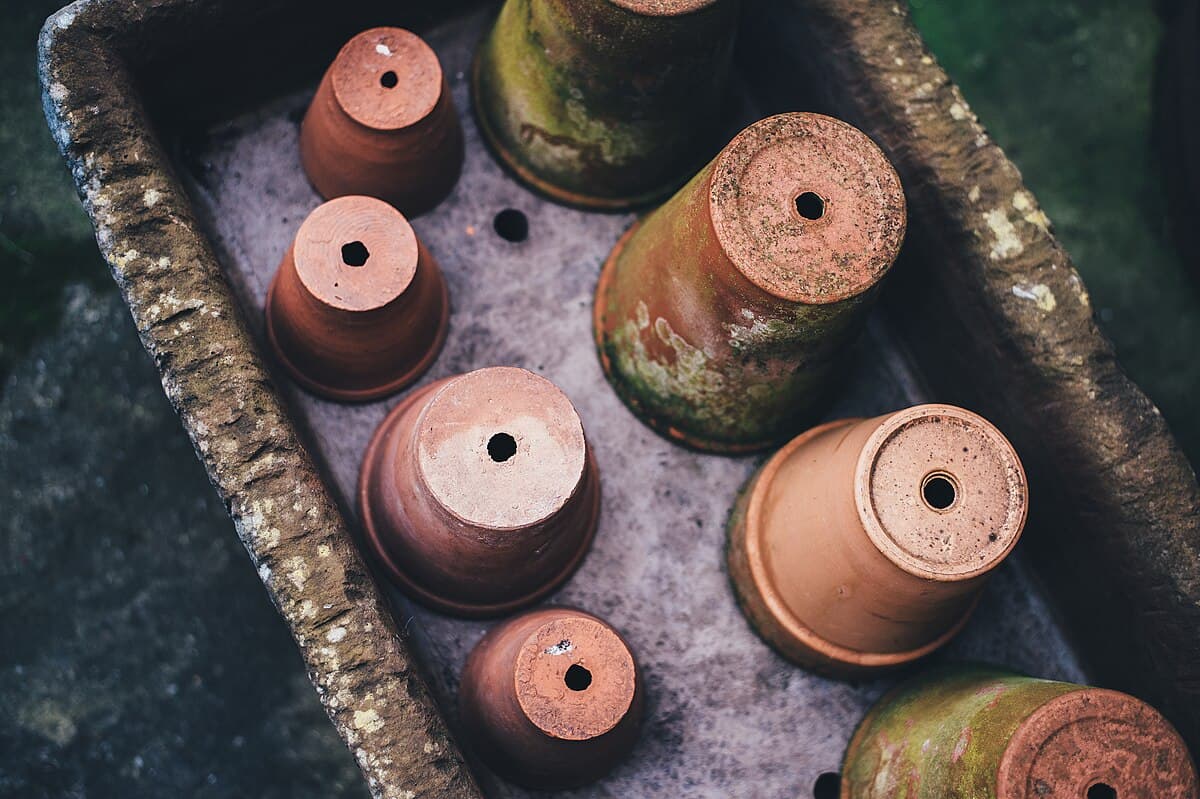 Terracotta pots with drainage holes arranged on a windowsill, ideal for growing herbs indoors with good airflow and moisture control