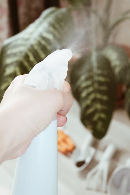 Spray bottle and organic neem oil concentrate on a garden workbench