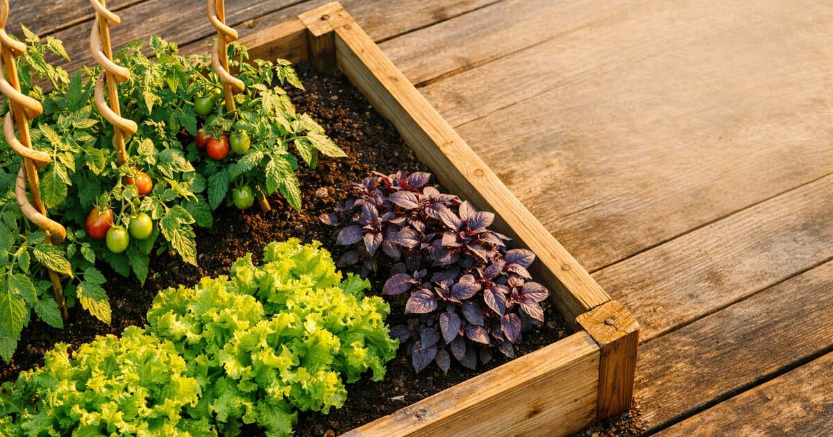 A lush cedar raised bed garden filled with tomatoes, basil, and lettuce in morning light