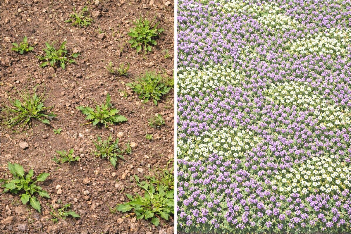 Dense creeping thyme ground cover spreading across a sunny garden bed, forming a fragrant mat between stepping stones